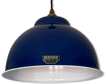 Morley XL ~ Royal Blue RLM Deep Dome Reflector Lampshade Pendant Set Light ~ 13 Inch