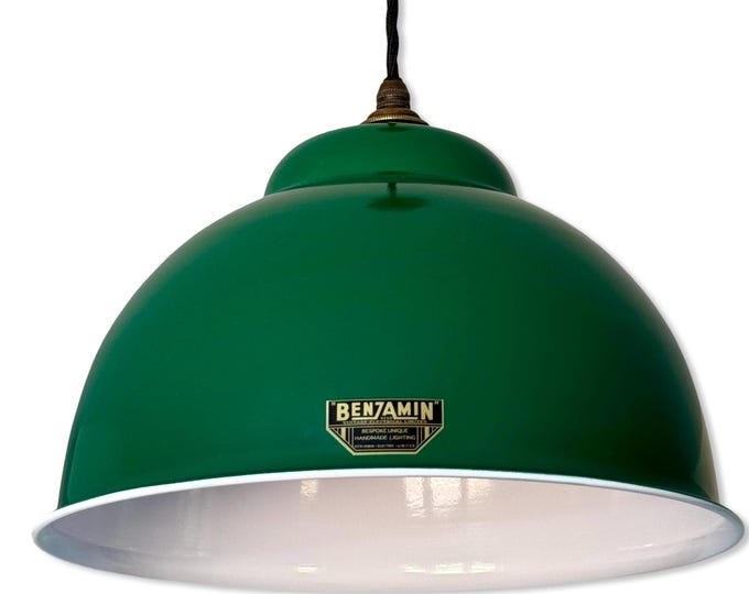 Morley XL ~ Original Green RLM Deep Dome Reflector Lampshade Pendant Set Light ~ 13 Inch