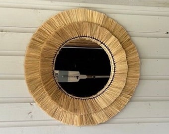 Maxlume ~ Handmade Round Wall Glass Mirror double contour cane raffia for an ultra trendy decoration | made by hand | 22 Inch