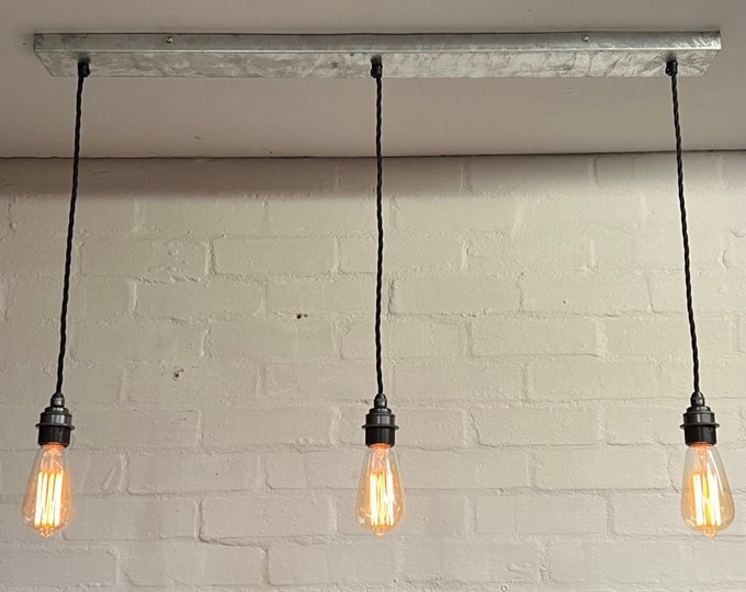 Heacham ~ 3 x Industrial Galvanised Track Pendant Set | Ceiling Dining Room | Kitchen Table Hanging Light | Vintage Edison Filament Bulbs