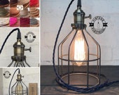 The Caston Cage Raw Steel table light vintage brass style holder with switch fabric 2 metres of cable inspection lamp reading bedside