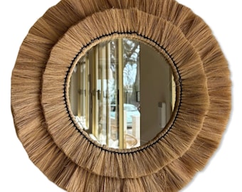 Maxlume ~ Handmade Round Wall Glass Mirror double contour cane raffia for an ultra trendy decoration | made by hand | 22 Inch