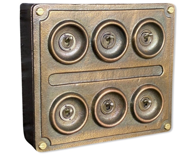 6 Gang 2 Way Bronze Solid Cast Metal Conduit Light Switch Industrial - BS EN Vintage Crabtree 1950’s Style
