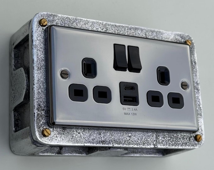 Black Nickel Double Switched 13A Power Socket 230V 13A 2 Gang 2G Solid Cast Metal Conduit Switch Industrial