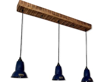 Alby ~ 3 x Royal Blue Lampshade Pendant Set Wooden Track Light | Dining Room | Kitchen Table