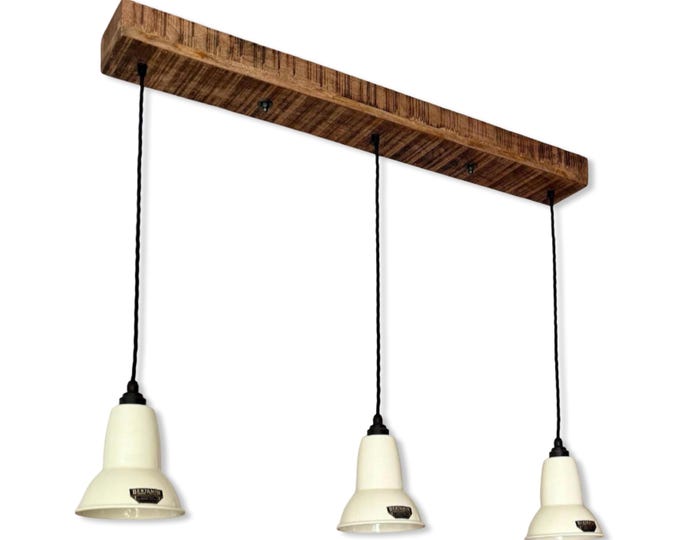 Alby ~ 3 x Linen White Lampshade Pendant Set Wooden Track Light | Dining Room | Kitchen Table