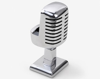 Vintage Microphone Phone Holder | Retro Desk Stand in Polished Aluminium