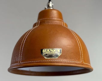 Trimingham ~ Real Genuine Leather Hand Stitched Solid Lampshade Pendant Set Light ~ 8.5 Inch