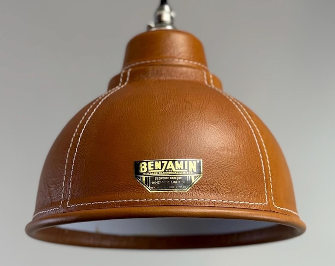 Trimingham ~ Real Genuine Leather Hand Stitched Solid Lampshade Pendant Set Light ~ 8.5 Inch