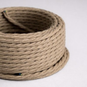 Cable de cuerda trenzada de yute de 3 x 0,75 núcleos / Cable de tela textil vintage retro / Cable eléctrico