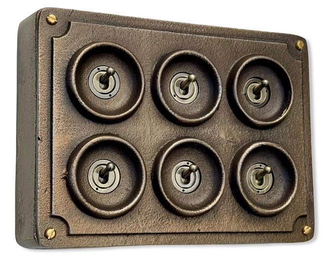 6 Gang 2 Way Antique Brass Solid Cast Metal Conduit Bronze Light Switch - Vintage Crabtree Style