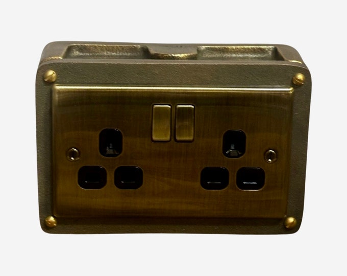 Antique Brass Double Switched 13A Power Socket 230V 13A 2 Gang 2G  Solid Cast Metal Conduit Switch Industrial - BS EN Approved