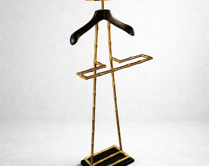 Luxury Dressboy Vintage Brass & Black Leather Valet Suit and Clothes Stand