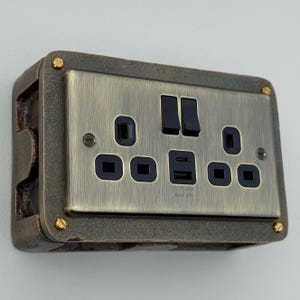 Antique Brass Double Switched 13A Socket | Solid Cast Metal Conduit Back Box