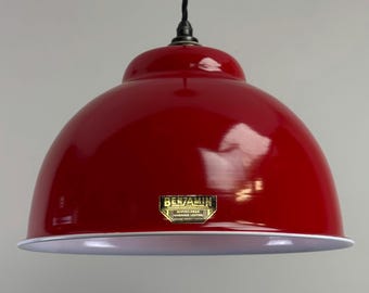 Morley XL ~ British Red RLM Deep Dome Reflector Lampshade Pendant Set Light ~ 13 Inch