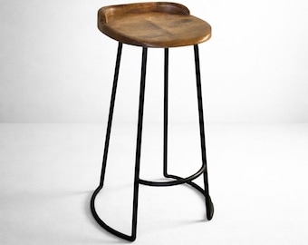 Solid Mango Wooden Top Bar Stool Hand Crafted | Solid Cast Metal | Floor Standing | Kitchen Black Iron | Industrial Tractor Seat