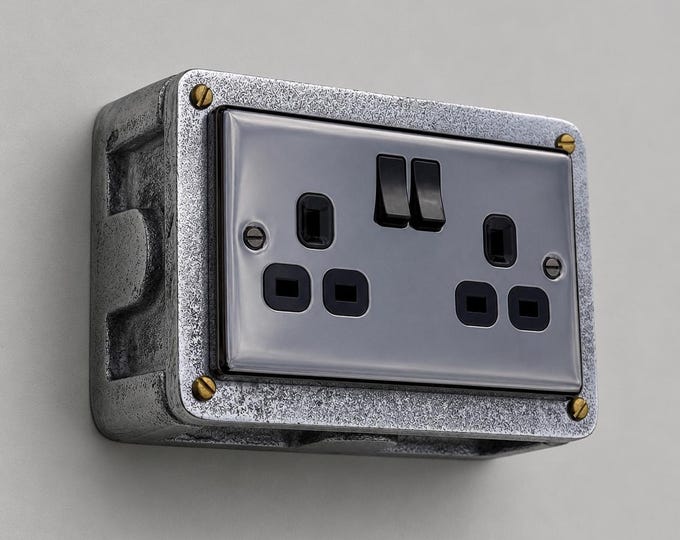 Black Nickel Double Switched 13A Socket | 2 Gang Solid Cast Metal Industrial Power Socket