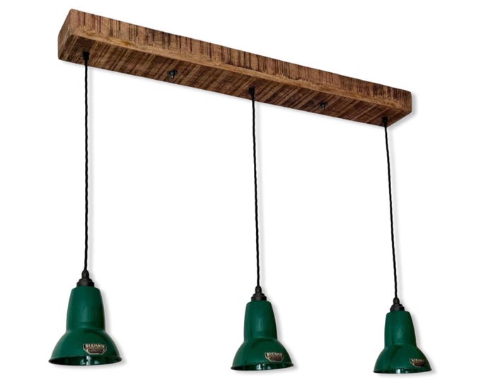 Alby ~ 3 x Racing Green Lampshade Pendant Set Wooden Track Light | Dining Room | Kitchen Table