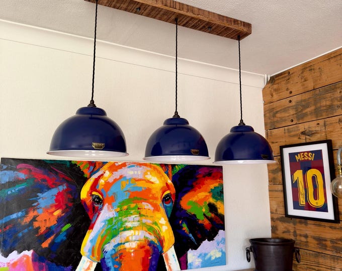 Morely XL ~ 3 x Royal Blue Lampshade Pendant Set Wooden Track Light | Dining Room | Kitchen Table