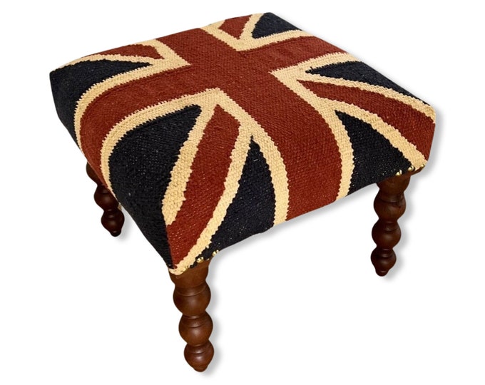 Maxlume ~ Union Jack Flag Bench | Great Britain | Foot Rest Pouf Solid Base | Vintage Style | Floor Standing | Man Cave Stool Jubilee