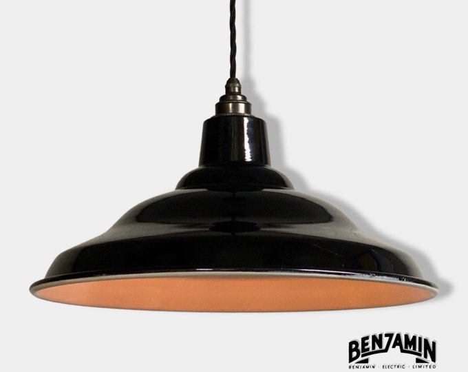 Bawsey ~ *Worn* Jet Black Industrial Factory Shade Light Lamp Pendant ~ 16 Inch