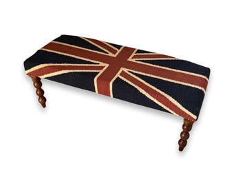 Union Jack Flag Bench Ottoman | Great Britain | Pouf Solid Base | Vintage Style | Floor Standing | Man Cave Stool