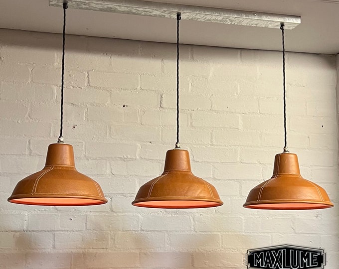 Filby ~ 3 x Tan Leather Shade RLM 1921 Design Pendant Set Galvanised Track Light | Dining Room | Kitchen Table | Vintage