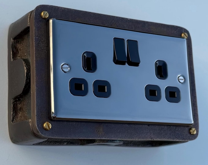 Black Nickel Double Switched 13A Power Socket 230V 13A 2 Gang 2G  Solid Metal Antique Brass Conduit Switch Industrial - BS EN Approved
