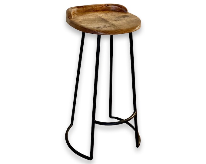 Solid Mango Wooden Top Bar Stool Hand Crafted | Solid Cast Metal | Floor Standing | Kitchen Black Iron | Industrial Tractor Seat