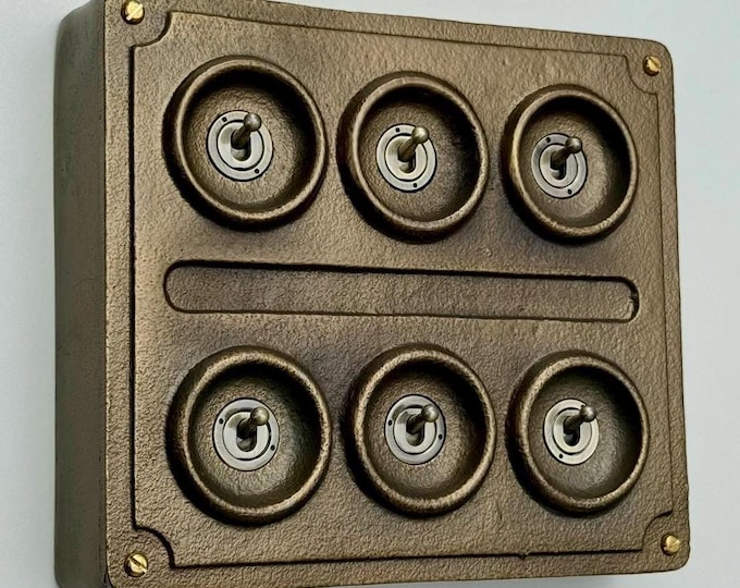 6 Gang 2 Way Antique Brass Solid Cast Metal Conduit Light Switch Industrial Vintage Crabtree