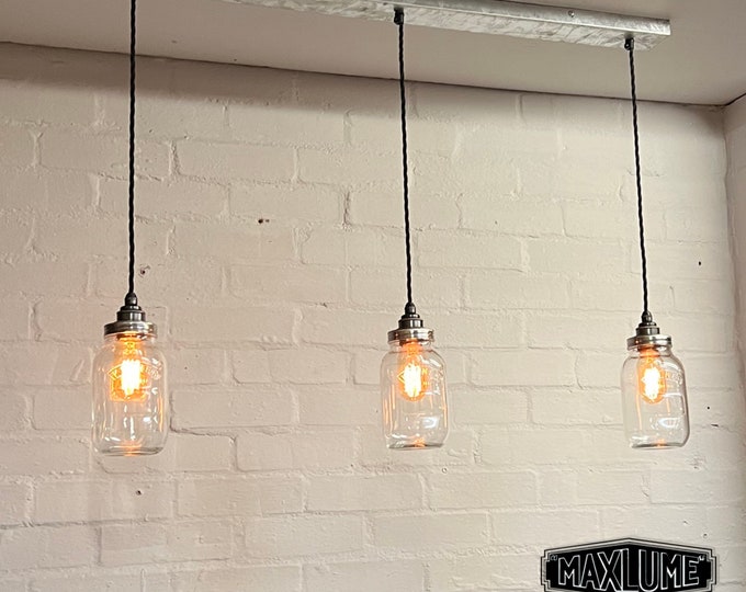 Kenninghall ~ 3 x Kilner Jar Pendant Wire Set Track Light | Dining Room | Kitchen Table | Hanging Vintage Mason | Retro