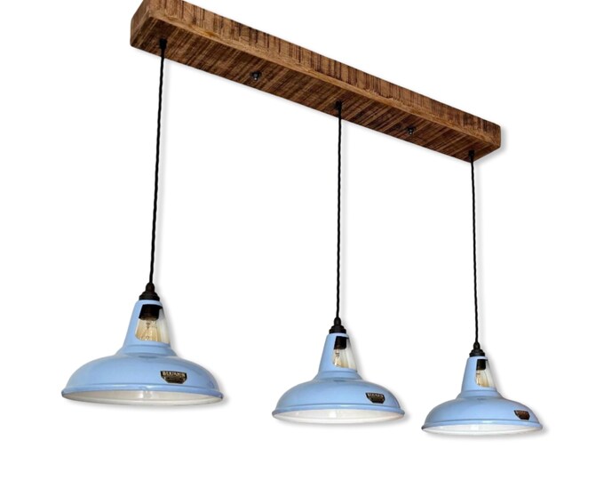 Cawston ~ 3 x Light Blue Lampshade Pendant Set Wooden Track Light | Dining Room | Kitchen Table