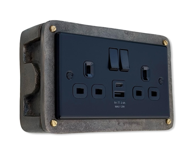 Matt Black Double Gang Plug Socket with Industrial Antique Brass Back Conduit Box