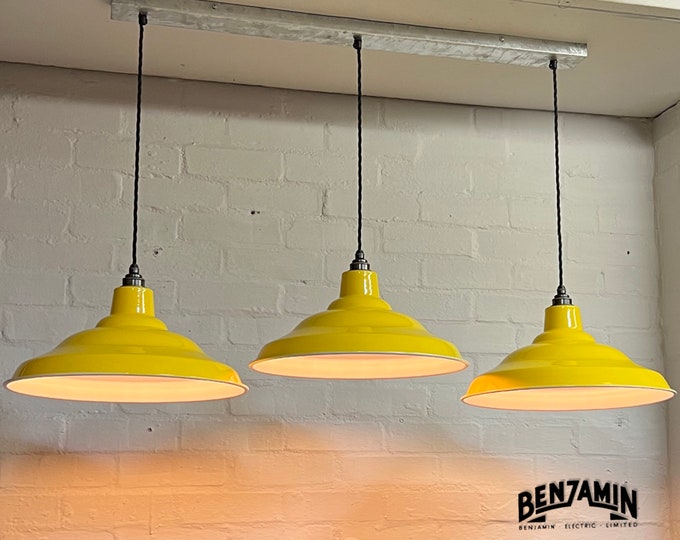 Bawsey ~ 3 x Deep Yellow Shade Design Pendant Wire Set Track Cluster Dome Light | 16 Inch | Dining Room | Kitchen Table | Vintage