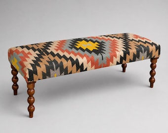 Geometric Kilim Ottoman Bench Stool | Handwoven Wool & Cotton | 121cm