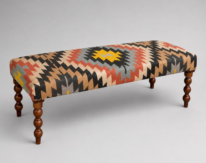 Geometric Kilim Ottoman Bench Stool | Handwoven Wool & Cotton | 121cm
