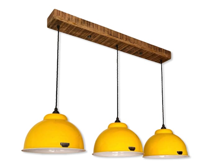 Morely XL ~ 3 x Summer Yellow Lampshade Pendant Set Wooden Track Light | Dining Room | Kitchen Table