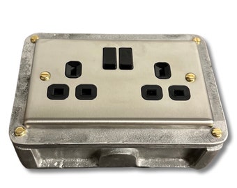 Brushed Steel Double Switched 13A Power Socket 230V 2 Gang 2G Socket Cast Metal Conduit Switch Industrial - BS EN Approved Vintage