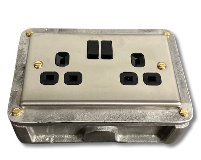 Brushed Steel Double Switched 13A Power Socket 230V 2 Gang 2G Socket Cast Metal Conduit Switch Industrial - BS EN Approved Vintage