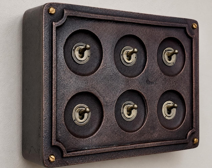 6 Gang 2 Way Antique Copper Toggle Light Switch | Metal Conduit