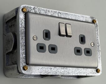Brushed Steel Double Switched 13A Power Socket Grey Insert 230V 2 Gang 2G Socket Cast Metal Conduit Industrial