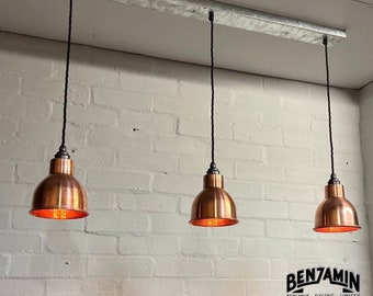 Metton ~ 3 x Antique Copper Shade “MEK” Design Pendant Set Track Light | Dining Room | Kitchen Table | Vintage