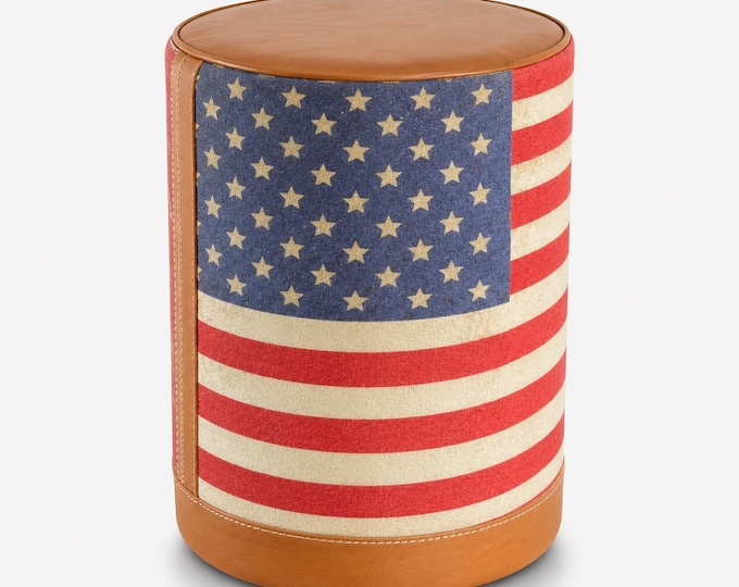 Stars & Stripes USA Flag Pouf Footstool | Genuine Leather and Vintage Fabric