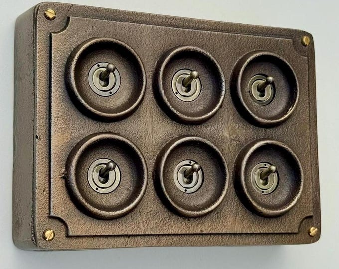 6 Gang 2 Way Antique Brass Solid Cast Metal Conduit Light Switch - Vintage Crabtree Style