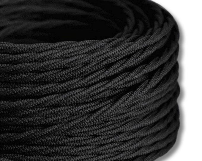 Black Twisted Cable 3 x 0.75 Core | Vintage Textile Retro | Electrical Wire Fabric Cord