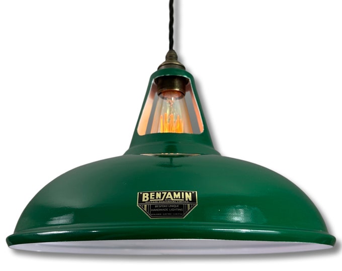 Cawston XL - Original Green Slotted Lampshade Pendant Set Light *Worn* - 14 Inch