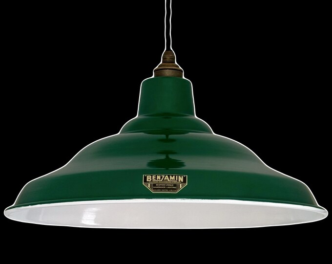 Bawsey ~ *Worn* Green Industrial Factory Shade Light Lamp Pendant ~ 16 Inch