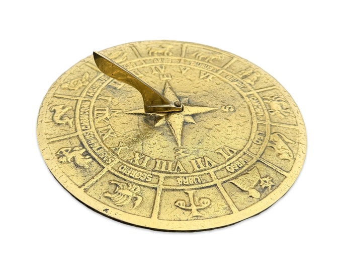 Zodiac Solid Brass and Verdigris Patina Bronze Sculpture Sun Dial Watch Clock