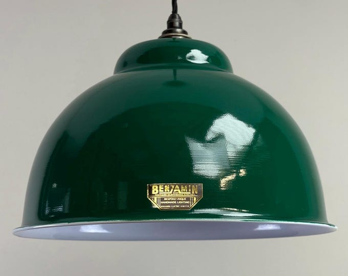 Morley XL ~ Original Green RLM Deep Dome Reflector Lampshade Pendant Set Light ~ 13 Inch