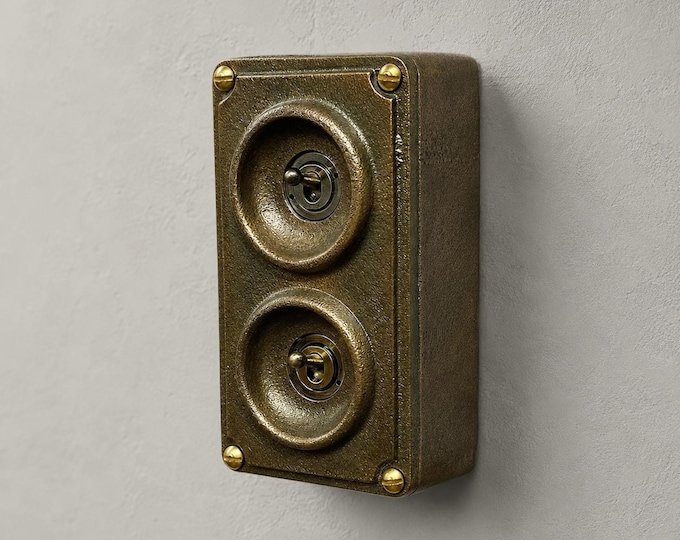 Antique Brass 2 Gang 2 Way Solid Cast Metal Conduit Light Switch Surface Mount